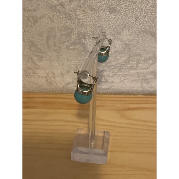 Turquoise Colored & Silver Toned Clip-On Earrings With Intricate Filigree Design - Picture 2 of 7